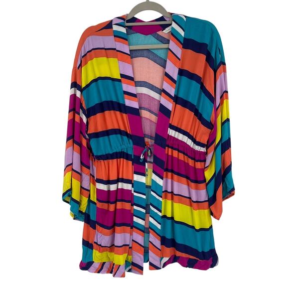 Trina Turk Catch A Wave Tie Front Kimono Swim Cover Up Robe Sz M Rainbow Resort - Picture 1 of 8